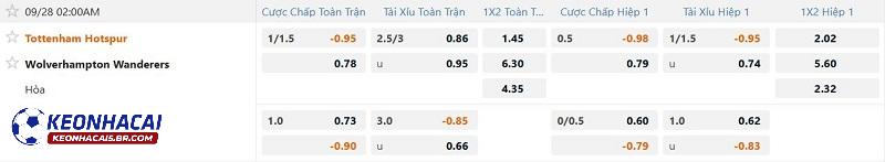 Tỷ lệ soi kèo Tottenham vs Wolves Tỷ lệ soi kèo Tottenham vs Wolves