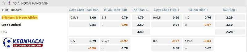 Tỷ lệ soi kèo Brighton vs Leeds United Tỷ lệ soi kèo Brighton vs Leeds United